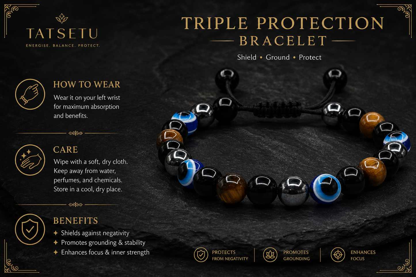 Triple Protection Bracelet – Protection, Grounding, and Positive Energy